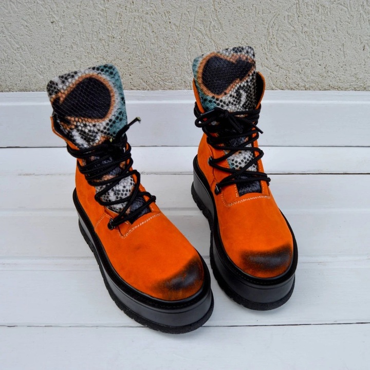 Ghete flatform Exclusives, piele intoarsa, portocaliu inchis, Portocaliu inchis