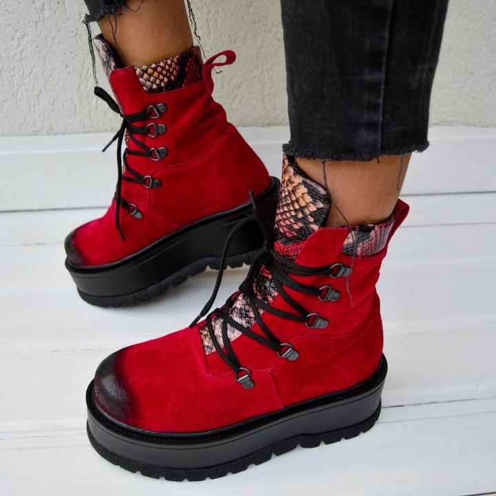 Exclusives, piele intoarsa, rosu, Verde/Rosu inchis/Rosu bordo prafuit