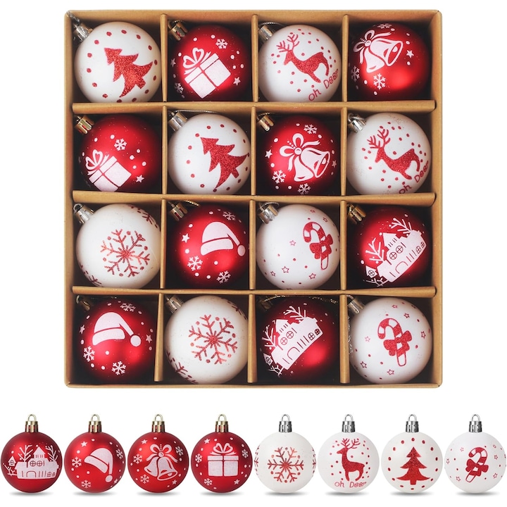 Set 16 Bile Decorativa Craciun 6cm Culori Rosu-Alb Pentru Pom Interior/Exterior