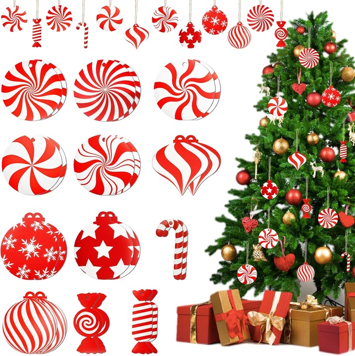 Set 24 Ornamente Craciun Lemn 12 Modele Decoratiuni Pom Natural