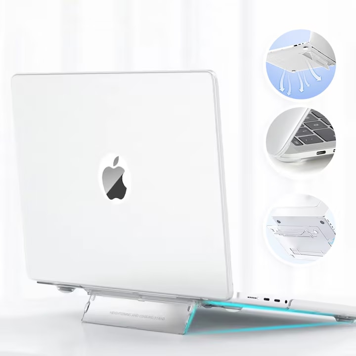 EXCITAT® Husa rigida mata compatibila cu MacBook Pro 14" (A3112 / A3185 / A3401 / A2918 / A2992 / A2779 / A2442) – Carcasa semi-transparenta cu suport ascuns, pentru M4 / M3 / M2 / M1