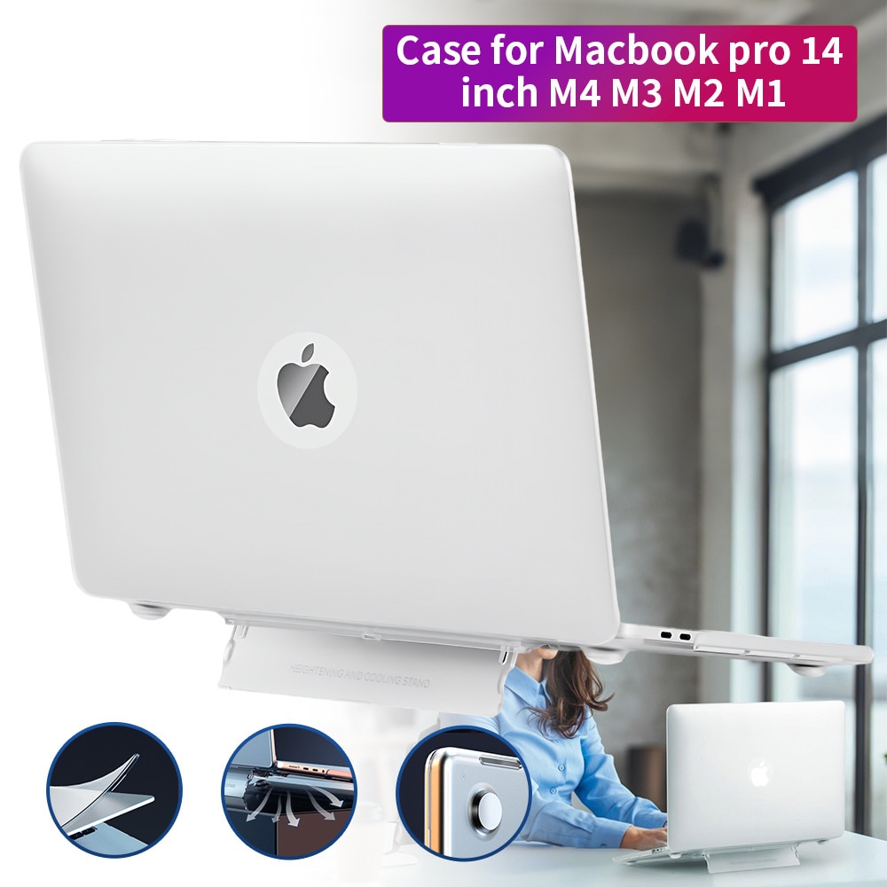 EXCITAT® Husa rigida mata compatibila cu MacBook Pro 14" (A3112 / A3185 / A3401 / A2918 / A2992 / A2779 / A2442) – Carcasa semi-transparenta cu suport ascuns, pentru M4 / M3 / M2 / M1