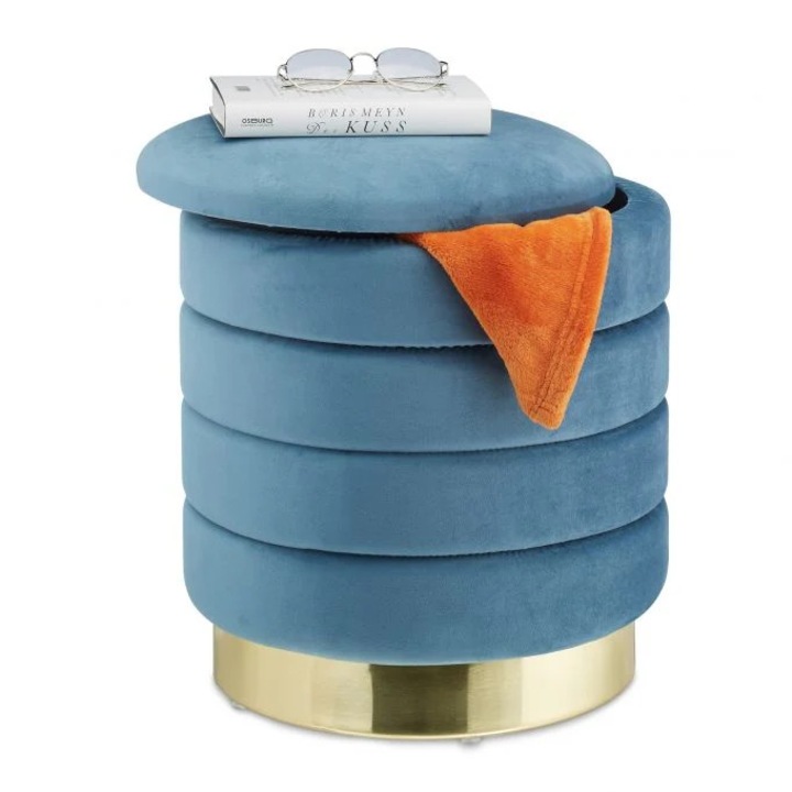 B2X bársony puff, petrolkék, arany alappal, 44.5x39.5x39.5cm, tárolóval