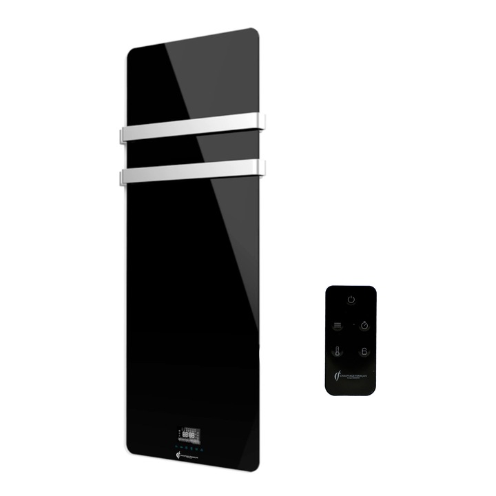 Uscator electric de prosoape din sticla pentru montare pe perete Omiros Sannover 850 W Negru