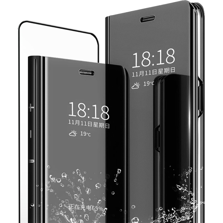 Husa Protectie Toc Flip Cover Clear View Mirror + Sticla Securizata, Protectie 360°, pentru Huawei P20 Pro, Culoare Neagra