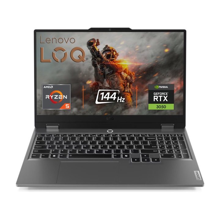 Lenovo LOQ 15AR Gamer Laptop, AMD Ryzen 5 7235HS, 16GB DDR5 Memória, 1000GB SSD, 15.6" FullHD, 144Hz Kijelző, Nvidia RTX 3050, Magyar billentyűzet, Szürke, Vírusírtó, Böngésző, Windows 11 Pro
