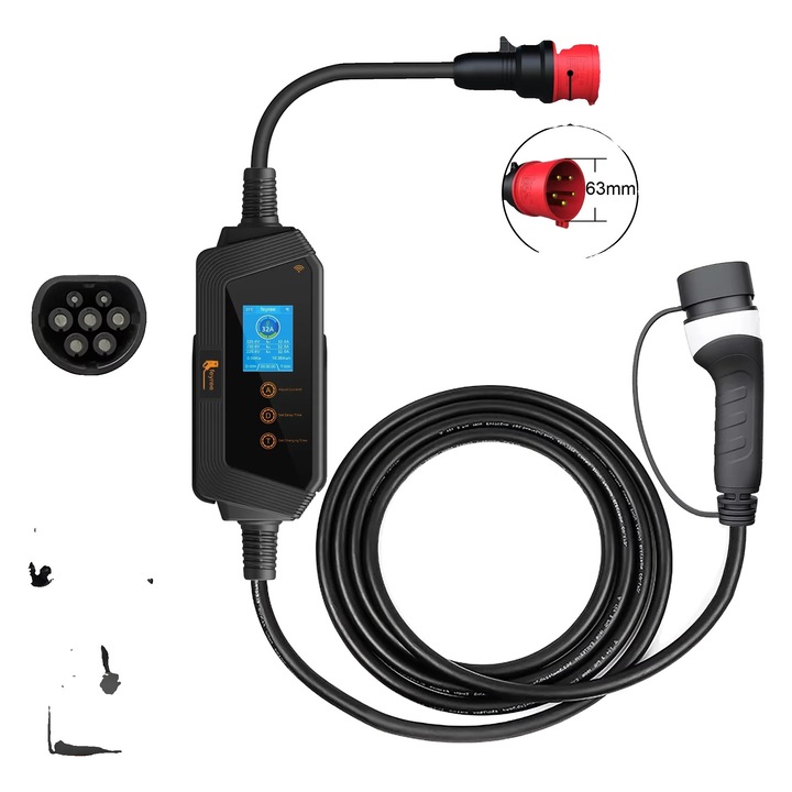 Incarcator portabil pentru vehicule electrice, 22KW, control prin aplicatie, curent de incarcare ajustabil, 38x38x11cm, cablu 5m