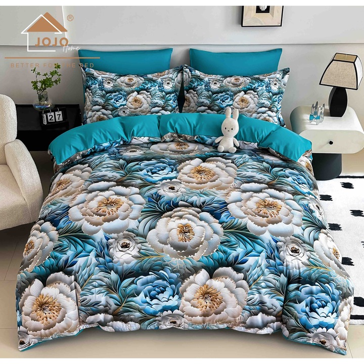 Lenjerie de Pat Craciun, Imprimeu 5D, Pat Dublu, 6 piese, Cearsaf cu Elastic 180 x 200cm, cearceaf pilota 200x230cm, 2fete de perna 55x80cm, 2fete de perna 70x70cm, MHR-1598