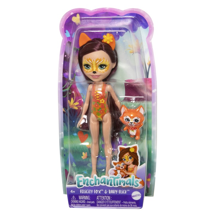 Papusa Enchantimals Mattel, Felicity Fox & Baby Flick, set cu animalut
