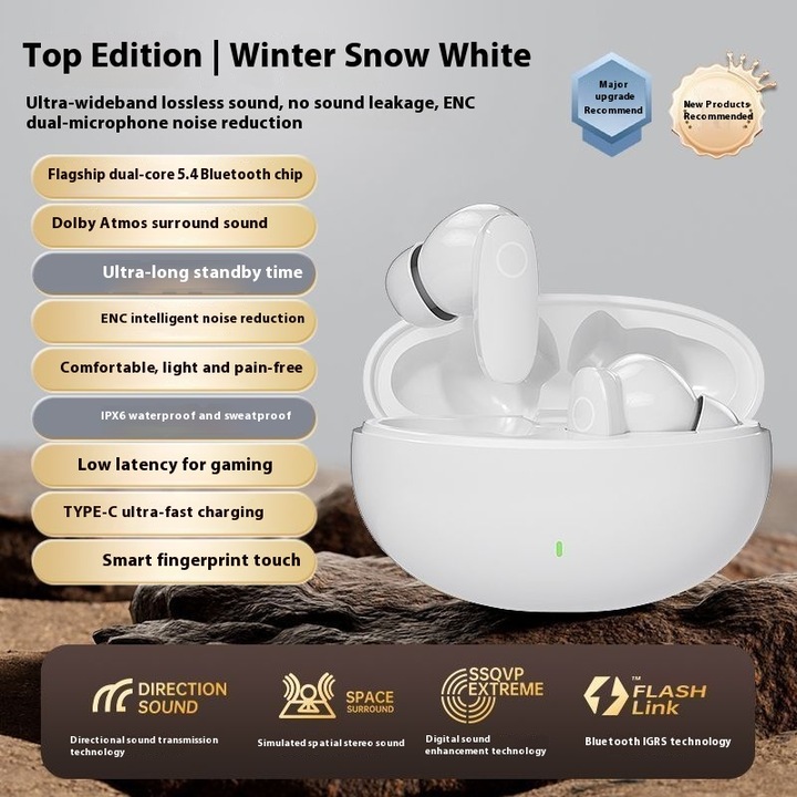 Casti wireless Bluetooth, in-ear, design ergonomic, anulare zgomot, alb