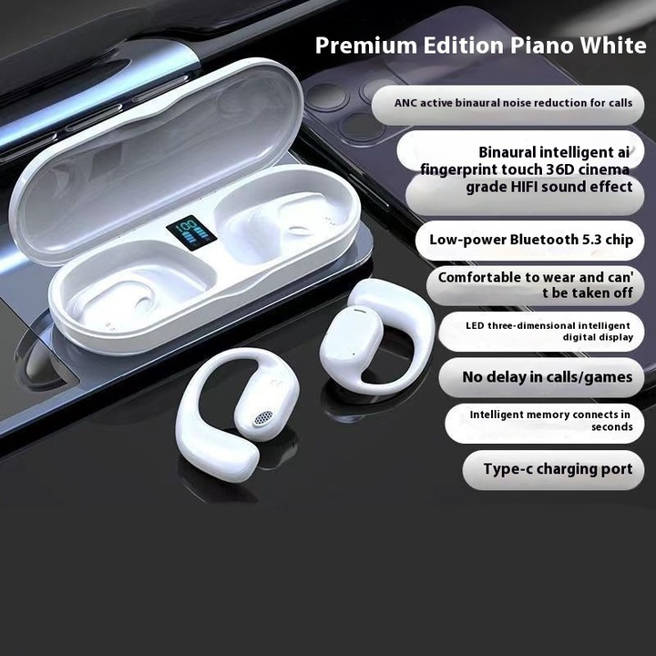 Casti wireless Bluetooth cu conductie osoasa, design cu carlig pentru ureche, alb, set