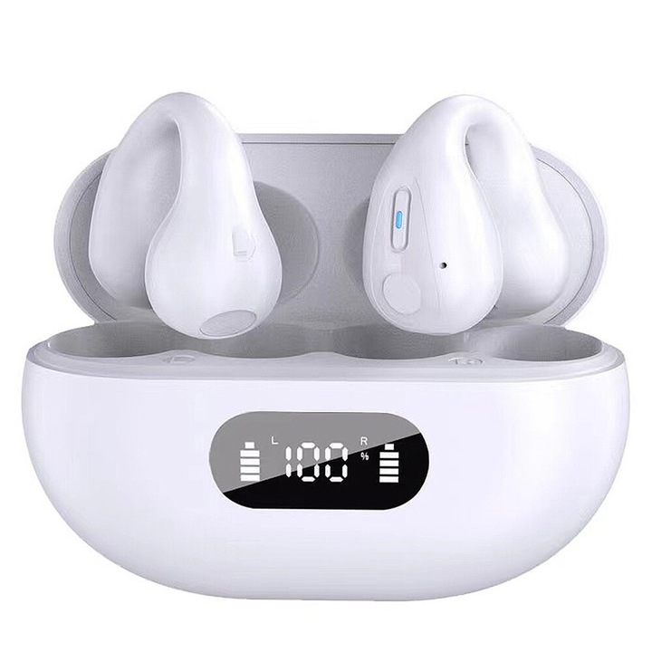 Casti wireless Bluetooth 5.3, design clip-on, sunet HiFi, alb, set