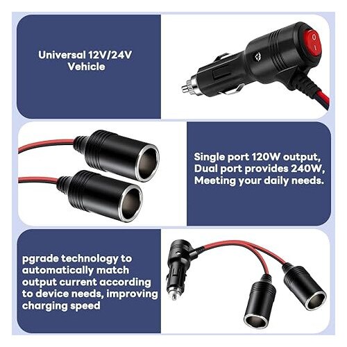 Intckwan USB Socket, 12 V, 75 W, PD QC3.0, Waterproof, Flush-Mounted Socket with Switch and Blue LED Light for Cars, Boats, Trucks, Caravans, Motorcycles