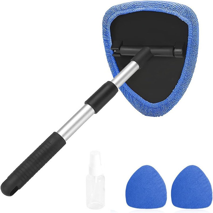 Set unelte curatare geamuri auto, 1 maner, 3 huse din microfibra, 1 sticla pulverizatoare, multicolor