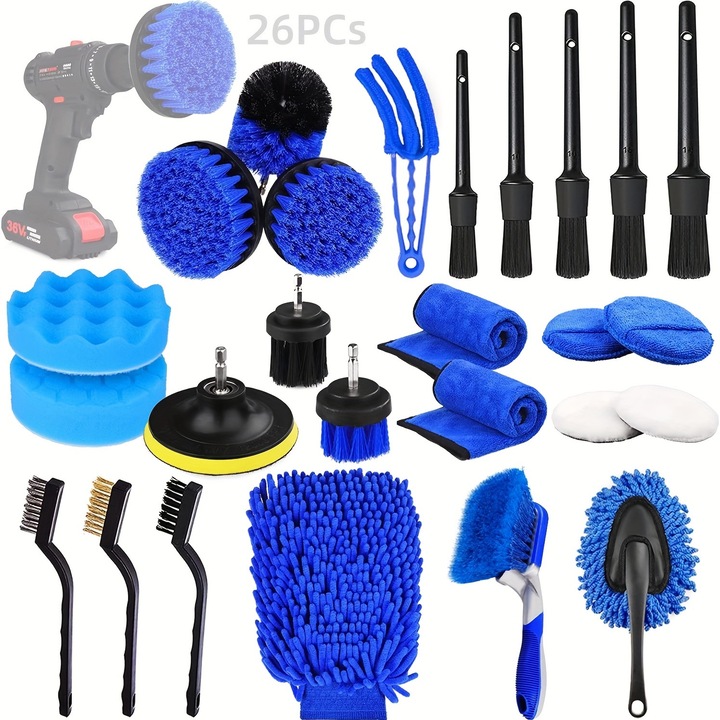 Set de 26 unelte pentru curatarea masinii, perii de detaliere, lavete, accesorii pentru interior si exterior, multicolor