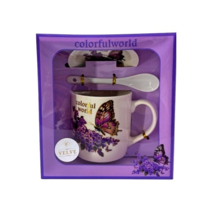 Set cana, farfurie si lingurita, Colorful World, ceramica, ambalata in cutie cu fereastra, 200ml, Velve