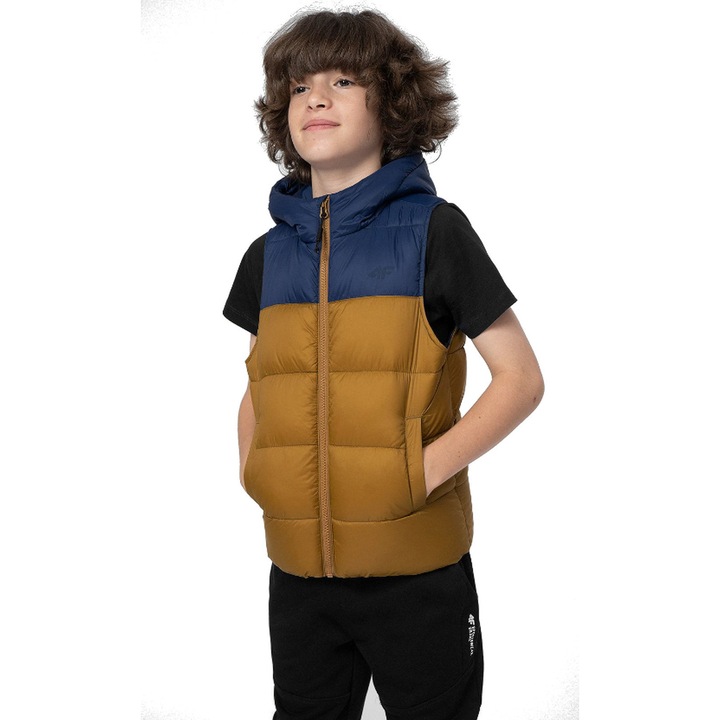 Vesta copii 4F M079A, impermeabila, cu gluga, maro, poliamida, poliester