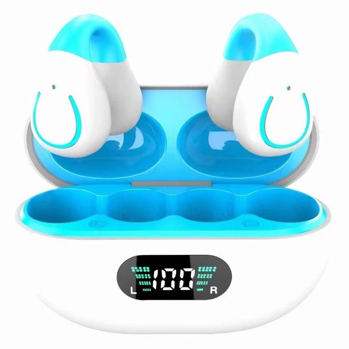 Casti wireless, alb si albastru, transmisie 10m, autonomie 4-8 ore