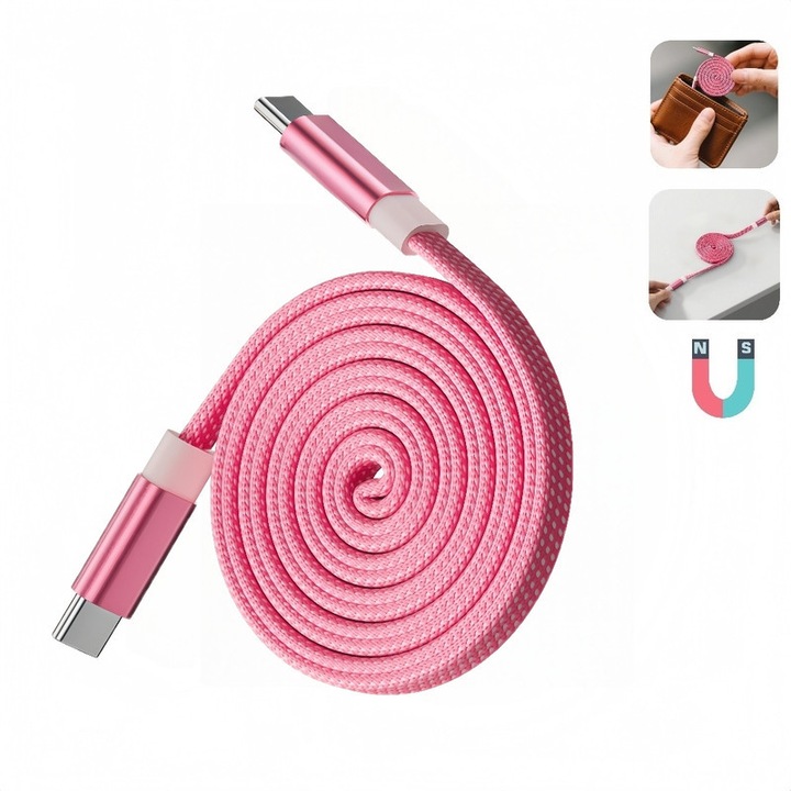 Cablu de date cu incarcare rapida magnetica 240W, TYPE-C la TYPE-C, magnetic, plat,480Mbps, suport pentru toate protocoalele de incarcare rapida, compatibil cu laptopuri/tablete/telefoane/ceasuri casti, Aliaj de zinc/TPE/Impletitura, durabil,1m, ROZ