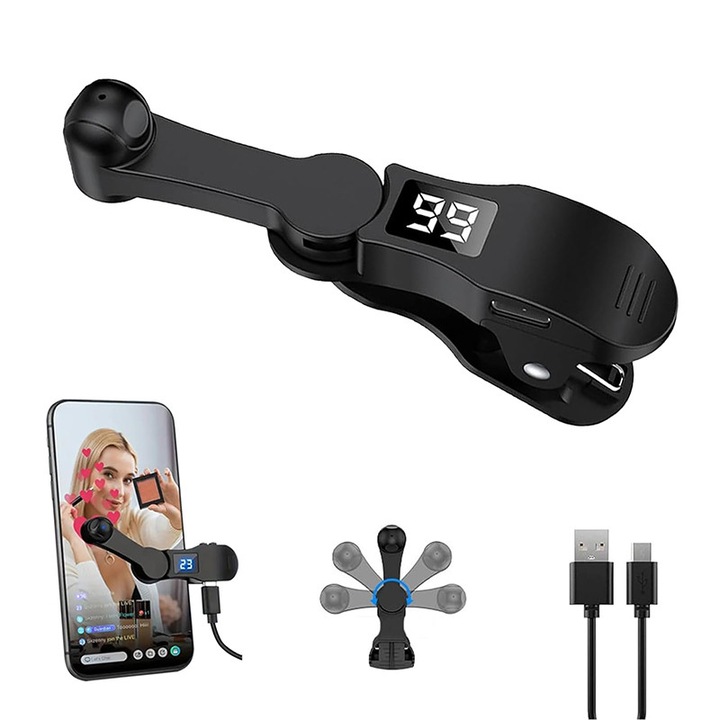 Clicker automat pentru smartphone, ABS, viteza ajustabila, cap rotativ 180°, negru, 9.7x4x2.4cm