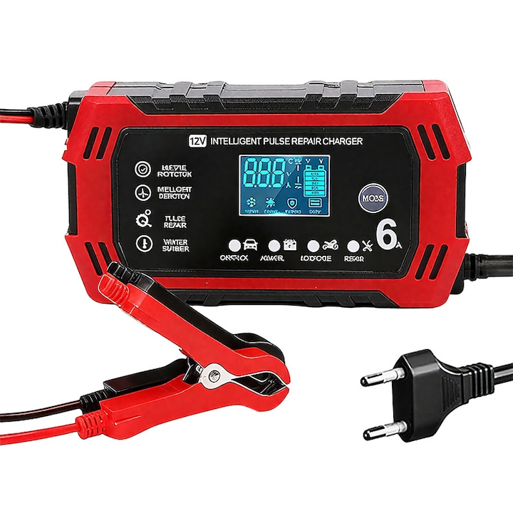 OEM Többfunkciós autós akkumulátortöltő, 12V/6A, gyorstöltés, digitális kijelző, 14x5x7cm, piros/fekete
