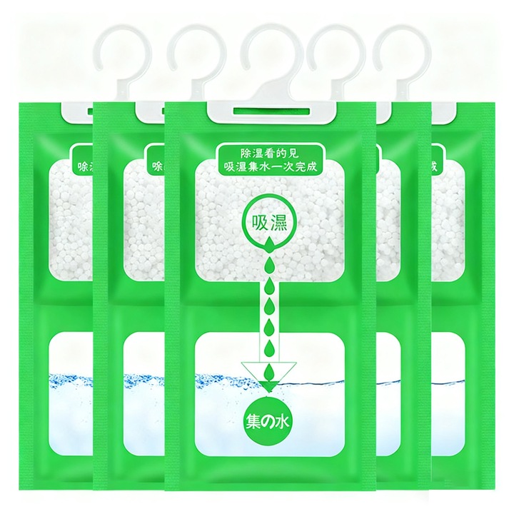 Set 5 Pungi Dezumidificatoare, 500ml, 80g, Verde