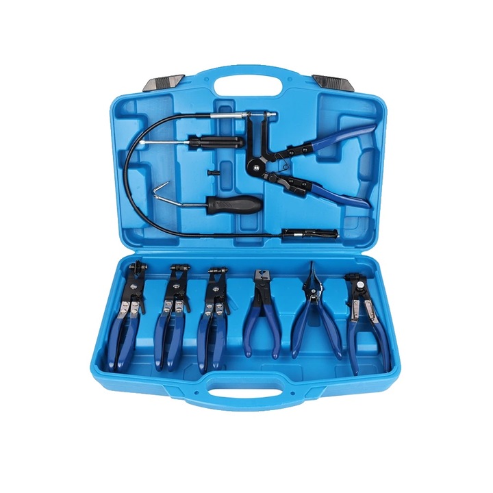 Tömlőbilincs készlet, 9 részes, hosszúkarú kivitel, racsnis reteszelő mechanizmus, kék