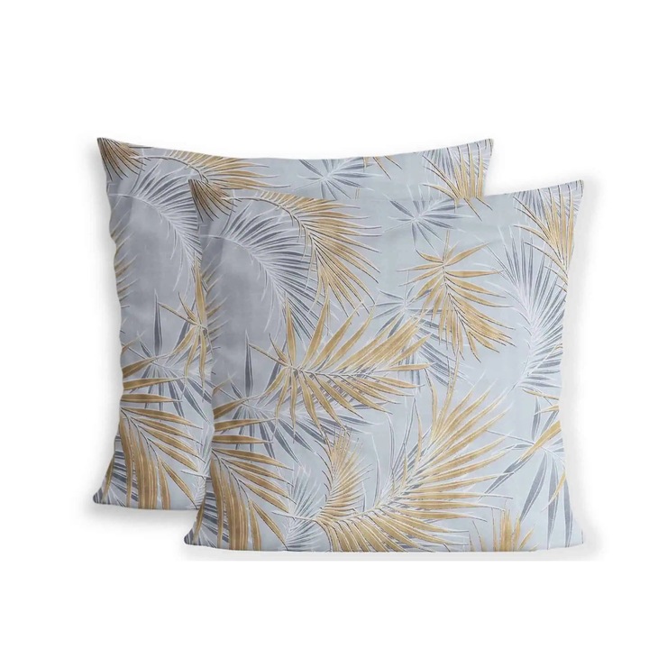 Set 2 Fete de Perna 40x40 Bumbac Standard, Cu Fermoar, Model Frunze Tropicale Auriu/Gri