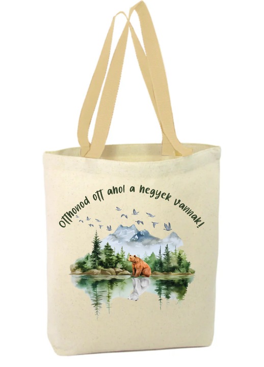 Vászon táska cipzárral, fehér fogantyúval, medve, természet, magyar nyelvű szöveg