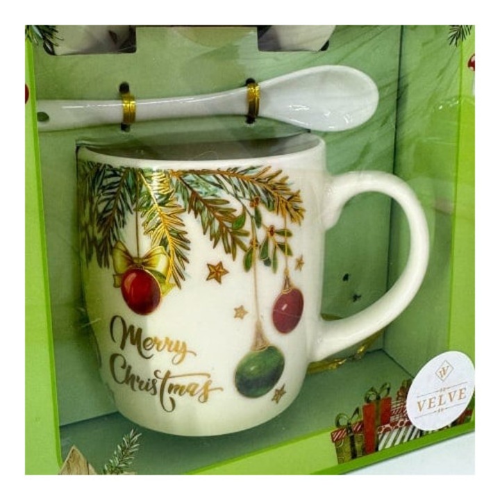 Set cana ceramica, farfurie si lingurita, Merry Christmas, ambalata in cutie cu fereastra, 200ml, Velve