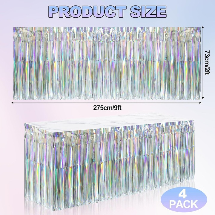 4 darab Iridescent Asztalszoknya készlet, Jeffouoo, 29x108 hüvelyk, holografikus design, öntapadós