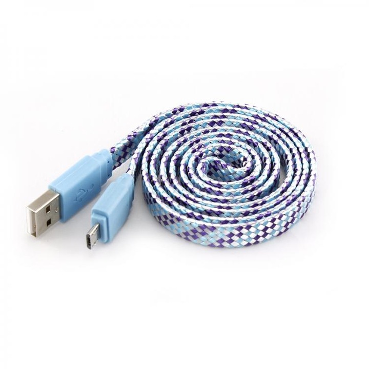 Кабел за данни SBOX USB-103CF-BL, USB A към Micro USB B, 1.0 м, плосък, с оплетка, син