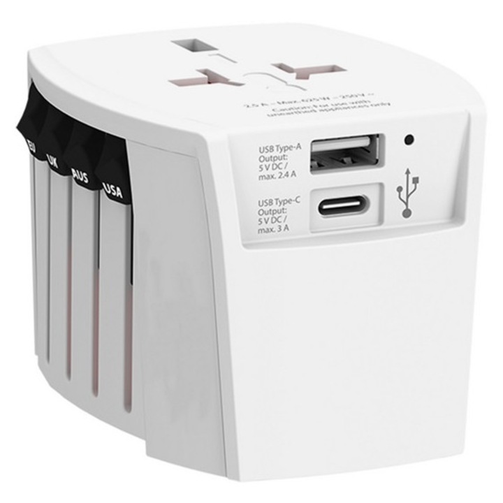 Skross muv utazó töltő usb+type-c aljzat, 250v/2.5a, 30w, gyorstöltő, világszerte használható, földelt, fehér