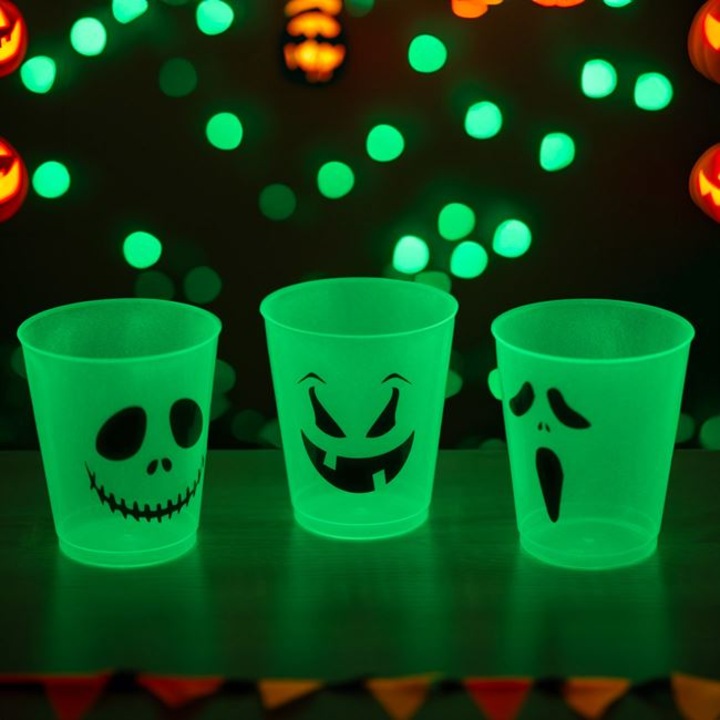 Set 3 Pahare Halloween, plastic, fosforescente, cranii, 8x9cm