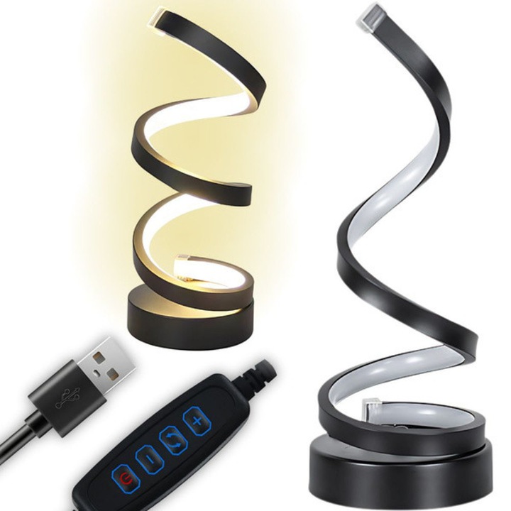 Lampa birou LED Verk Group® spiralata, negru, lampa birou LED cu 3 culori de lumina si reglaj intensitate, alimentare USB; lampa de birou moderna pentru lucru si lectura, lumina rece/neutra/calda, economica, design elegant, potrivita pentru birou si nopti