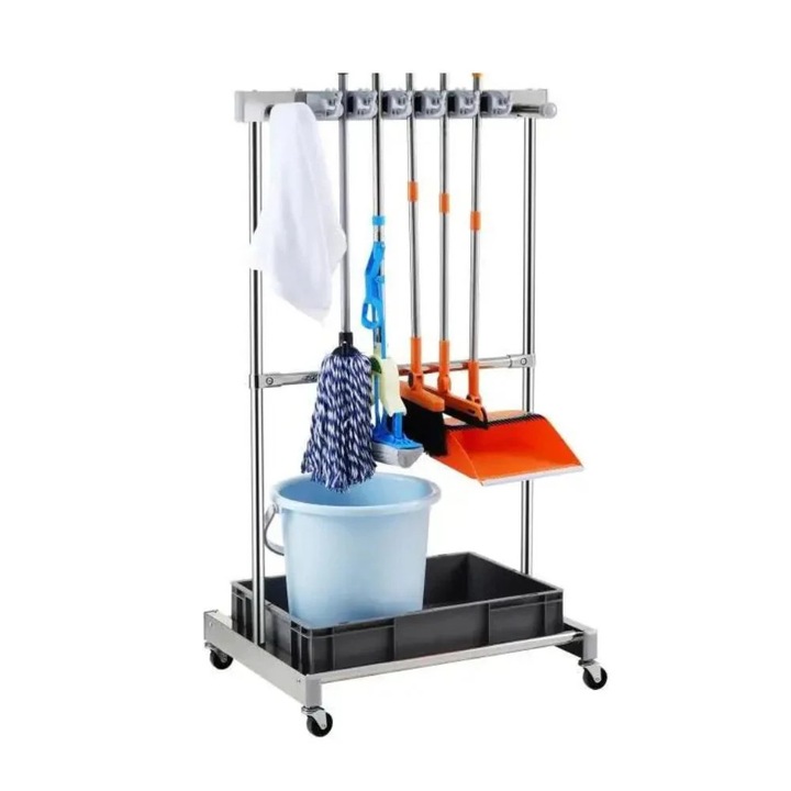 Kerti szerszámtartó, 10 nyílás kampókkal és kerekekkel, fekete