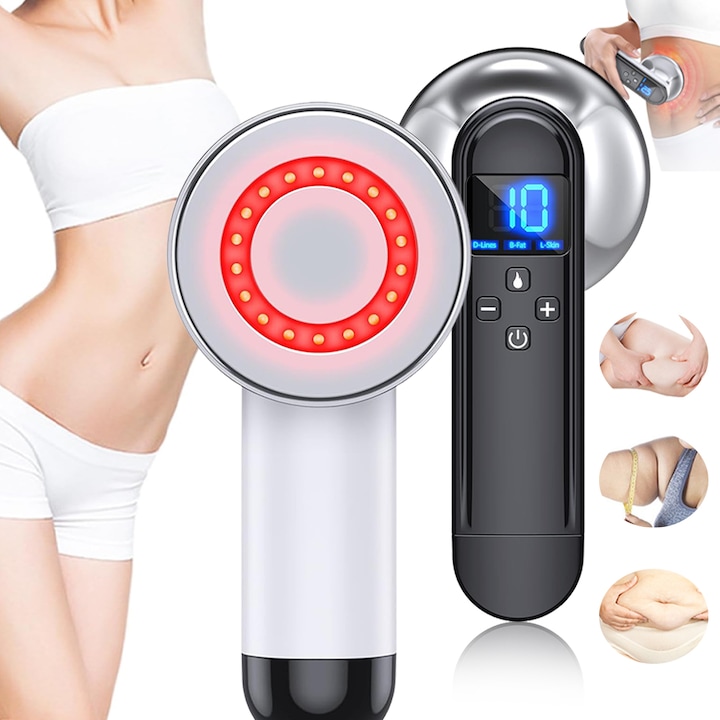 Aparat de masaj pentru slabit fara fir, Lurelia, 5 Moduri de Masaj, 10 intensitati, Remodelare corporala, Radio frecventa, Microcurent, Lumina rosie si caldura, Display Digital LCD, Fara fir, Remodelare corporala, Relaxare, ABS, Alb/Negru