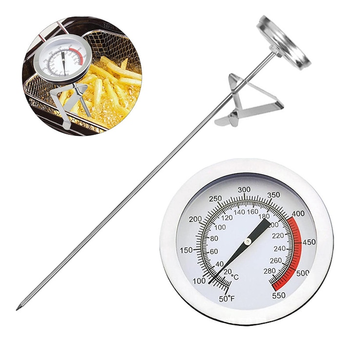 Termometru Metalic de Bucatarie NAXSIR, Sonda Lunga 30cm, Interval 20°C~280°C (50°F~550°F), Cadran din Sticla Rezistenta, pentru Gatit, Gratar, Coacere, Friptura
