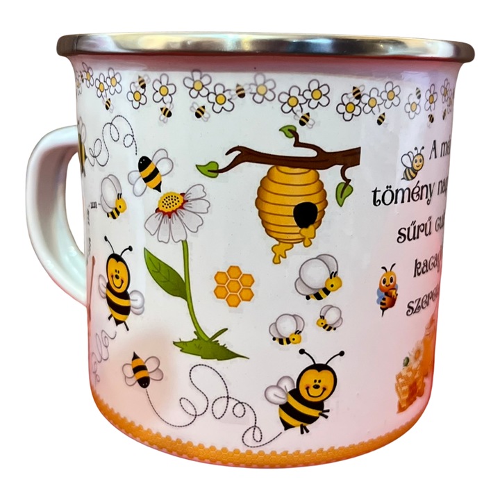 Zománcozott fehér acél bögre, 360 ml, fehér, méhecske mintás