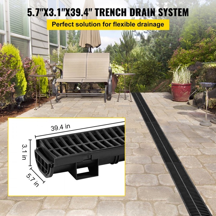 Sistem de Drenaj HDPE, Rigola cu Gratar Plastic, 5 Capace de Capat, 14 ...