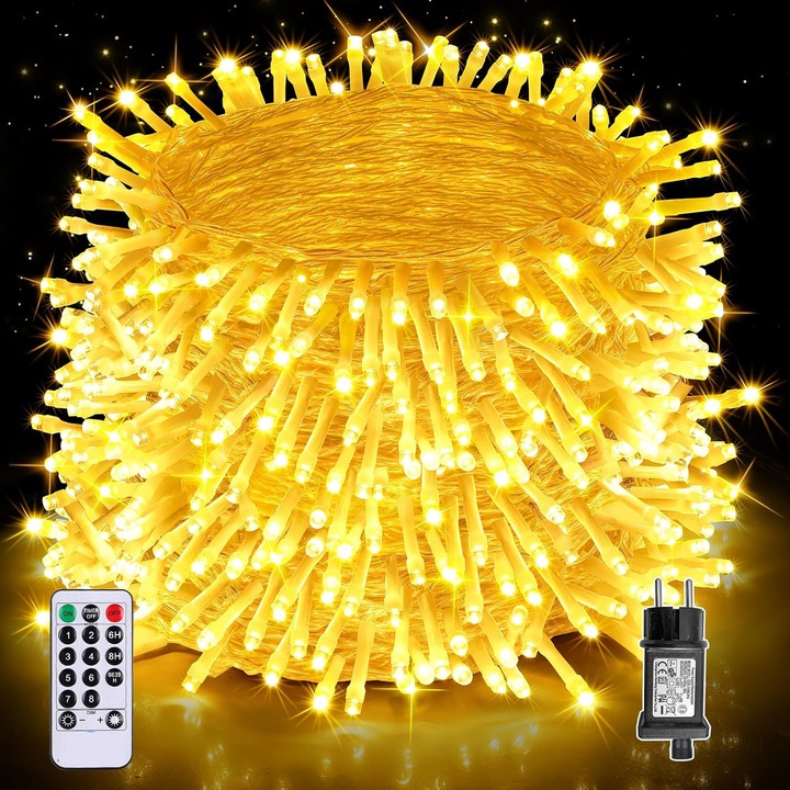 Karácsonyi világítás 35m 350LED Meleg Fehér, 8 mód, Átlátszó kábel, Összekapcsolható