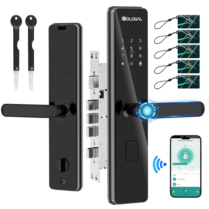 Incuietoare Inteligenta cu amprenta, Ultrixe, Yala cu Aplicatie Tuya, 5 Moduri de Acces, Wifi, Cod PIN, Amprenta, 2 Chei, 5 NFC Cartele, Negru