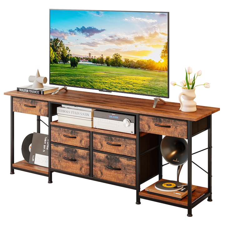 Comoda TV pentru Televizor pana la 75 Inch, Suport TV 160 cm cu 6 Sertare din Material Textil si Rafturi Deschise, Mobilier TV / Centru Multimedia pentru Living sau Dormitor, Maro,160x40x64cm