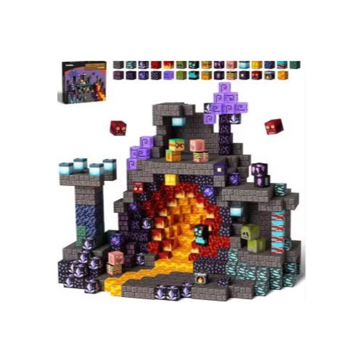 Комплект от 100 магнитни строителни елемента, образователни и креативни, Minecraft Blocks HELLISH LAVA, множество възможности за изграждане, сензорни STEM Монтесори за деца, момчета и момичета
