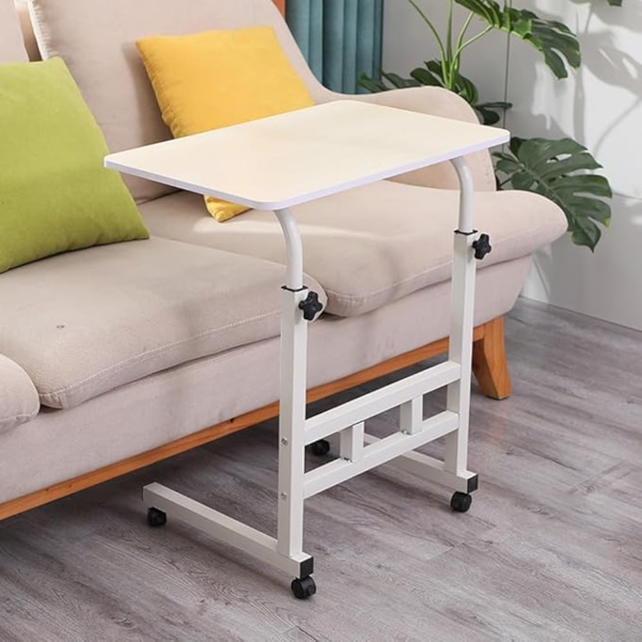 Birou cu roti, masa de studiu reglabila, masa laterala mobila, suport pentru laptop, 60*40*70-90cm cu roti, poate fi asezat pe canapeaua extensibila, culoare artar alb
