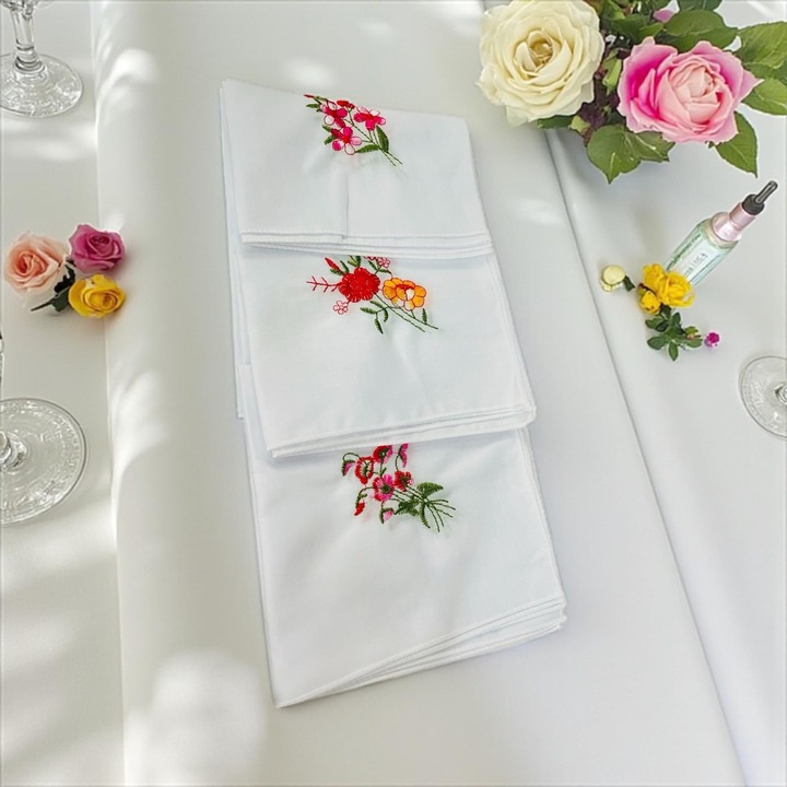 Set 12 Batiste Bumbac dama albe cu Broderie Color, 27 x 27 cm, Alb Rosu
