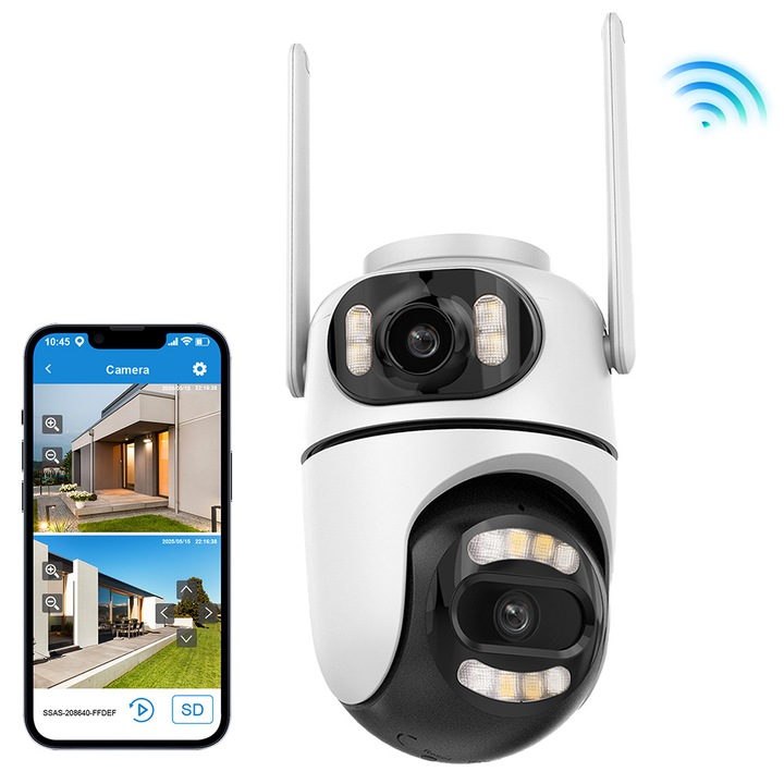 Camera De Supraveghere Video CCTV Dubla WIFI GIVZECK®, 4MP Full HD, exterior/interior, 2.4Ghz WIFI, 4X zoom, Rotire 355°, Alimentare DC 5V, culoarea vederii nocturne, comunicare bidirectionala, alarma, Urmarirea umanoidului, Alb