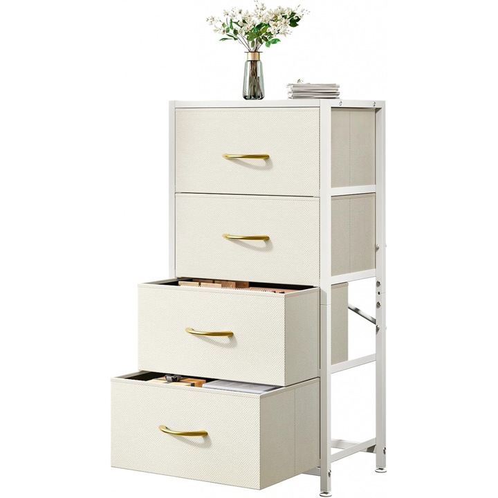 Скрин Taotigzu с 4 чекмеджета, вертикална кула за съхранение с чекмеджета от плат, идеален за спалня, коридор, входно антре или гардероб, може да се използва като нощно шкафче, с 4-етажен дървен плот, бял
