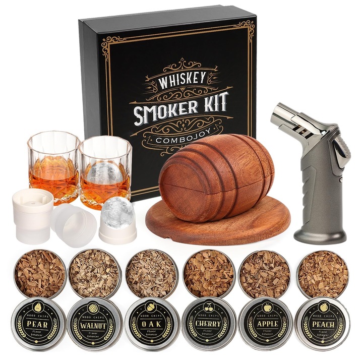 Whisky Füstölő Készlet, ComboJoy, 6 íz, 2 pohár, 2 jéggolyó forma