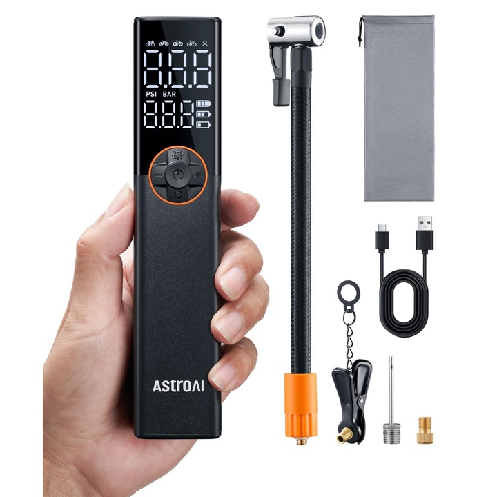 AstroAI elektromos kerékpárpumpa, mini hordozható, 150 PSI, újratölthető, minden szeleptípushoz